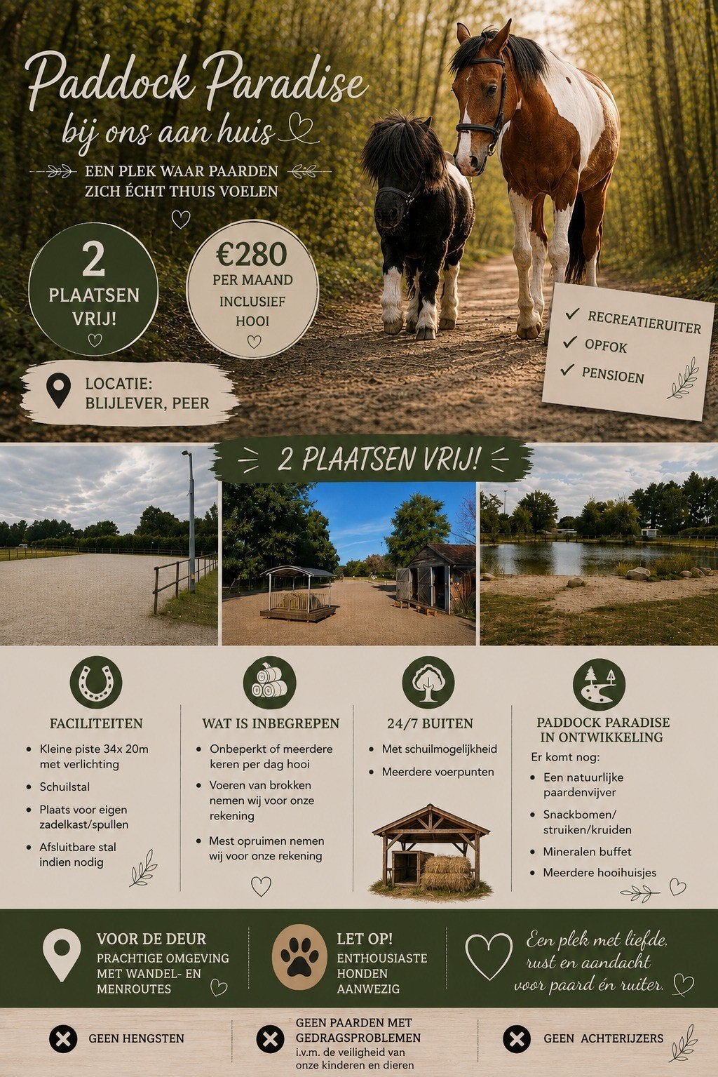 2 plaatsen vrij, stalling / paddock paradise, Élevage