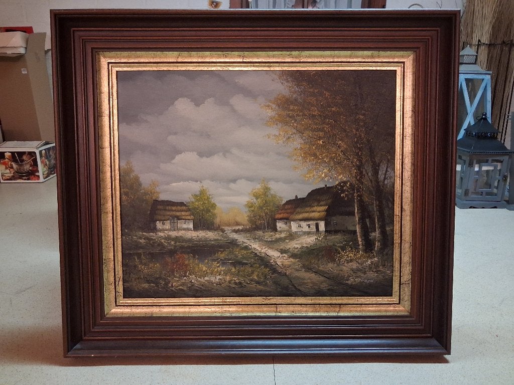 Klassiek schilderij: landschap met hoeves, Signé, Peinture à l'huile, Paysage, Enlèvement
