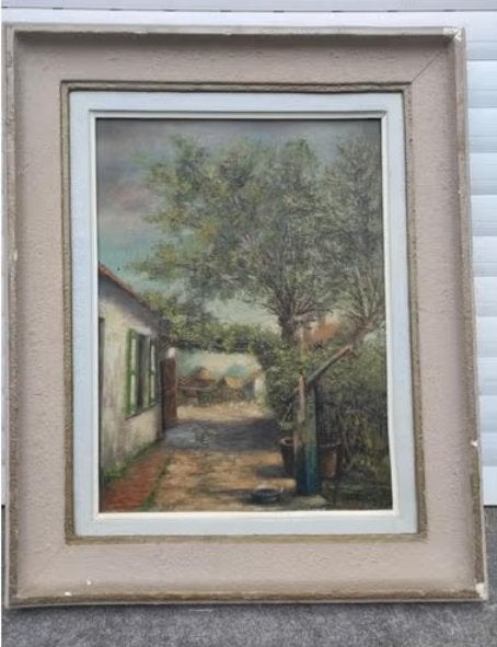 huile sur panneau cour de maison signe gustave losange, Enlèvement ou Envoi, Panneau