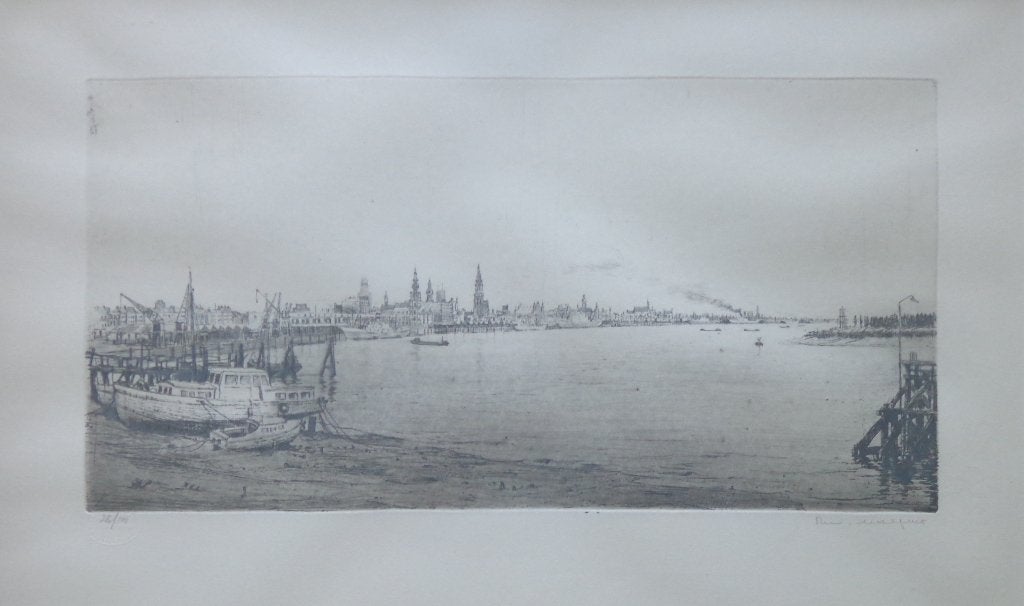ROMAIN MALFLIET / ANTWERPEN / ZW-W ETS / 34x51cm / KADER, Enlèvement ou Envoi, Paysage, Eau-forte, Numéroté