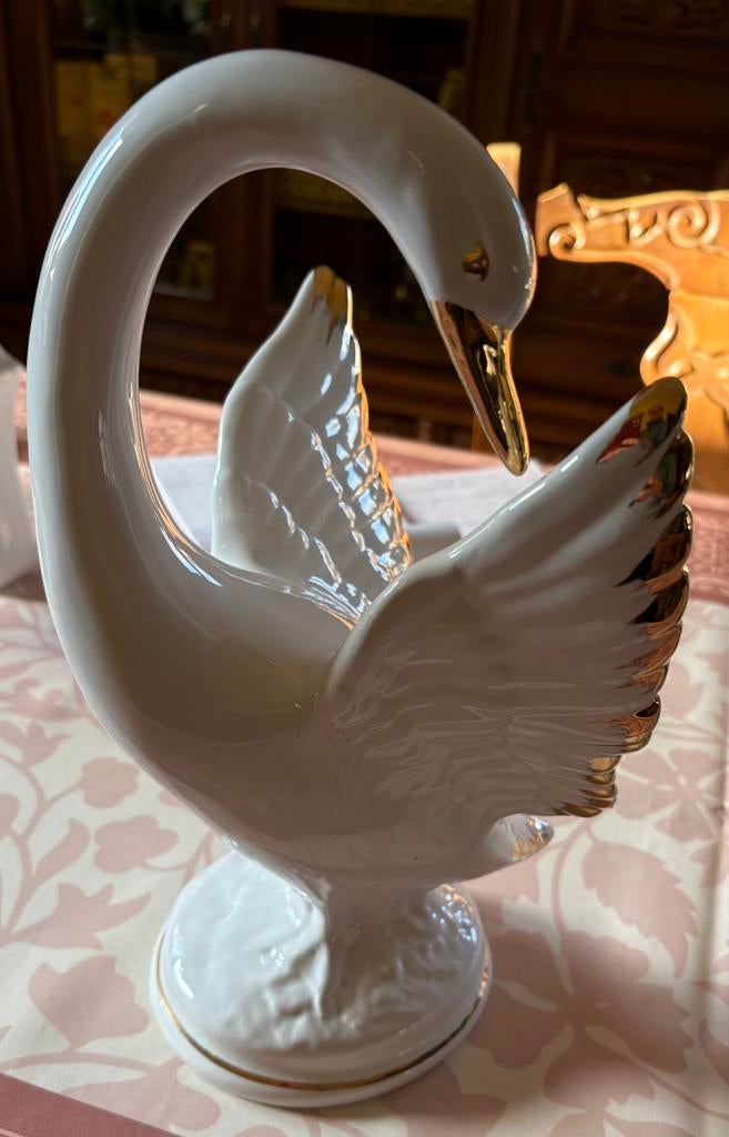 Grote porseleinen zwaan 31 cm – wit met goud – vintage, Enlèvement, Comme neuf