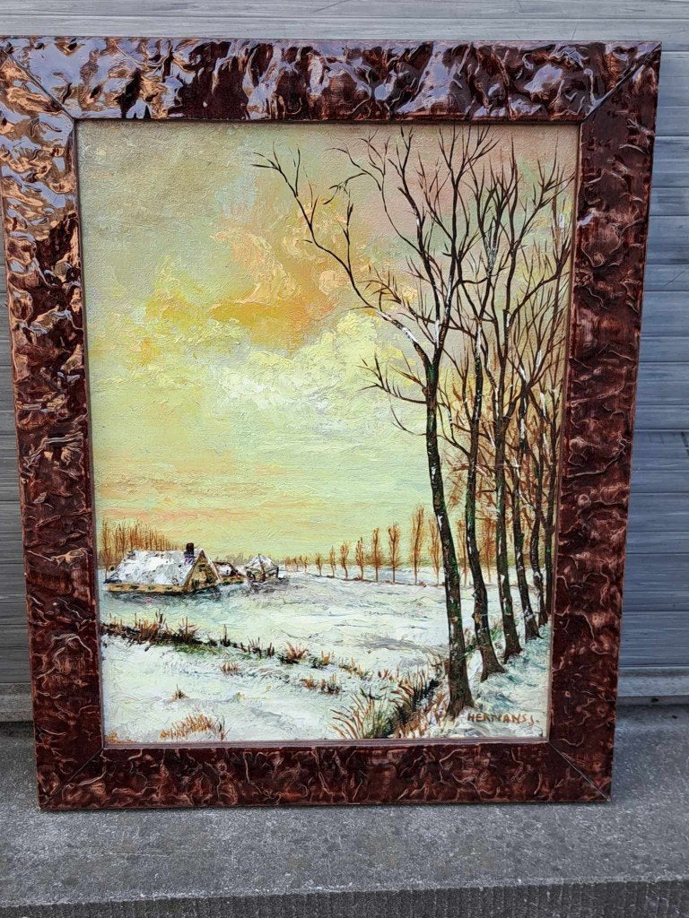huile sur toile paysage enneige signe jos hermans, Antiek en Kunst, Ophalen, Landschap, Doek