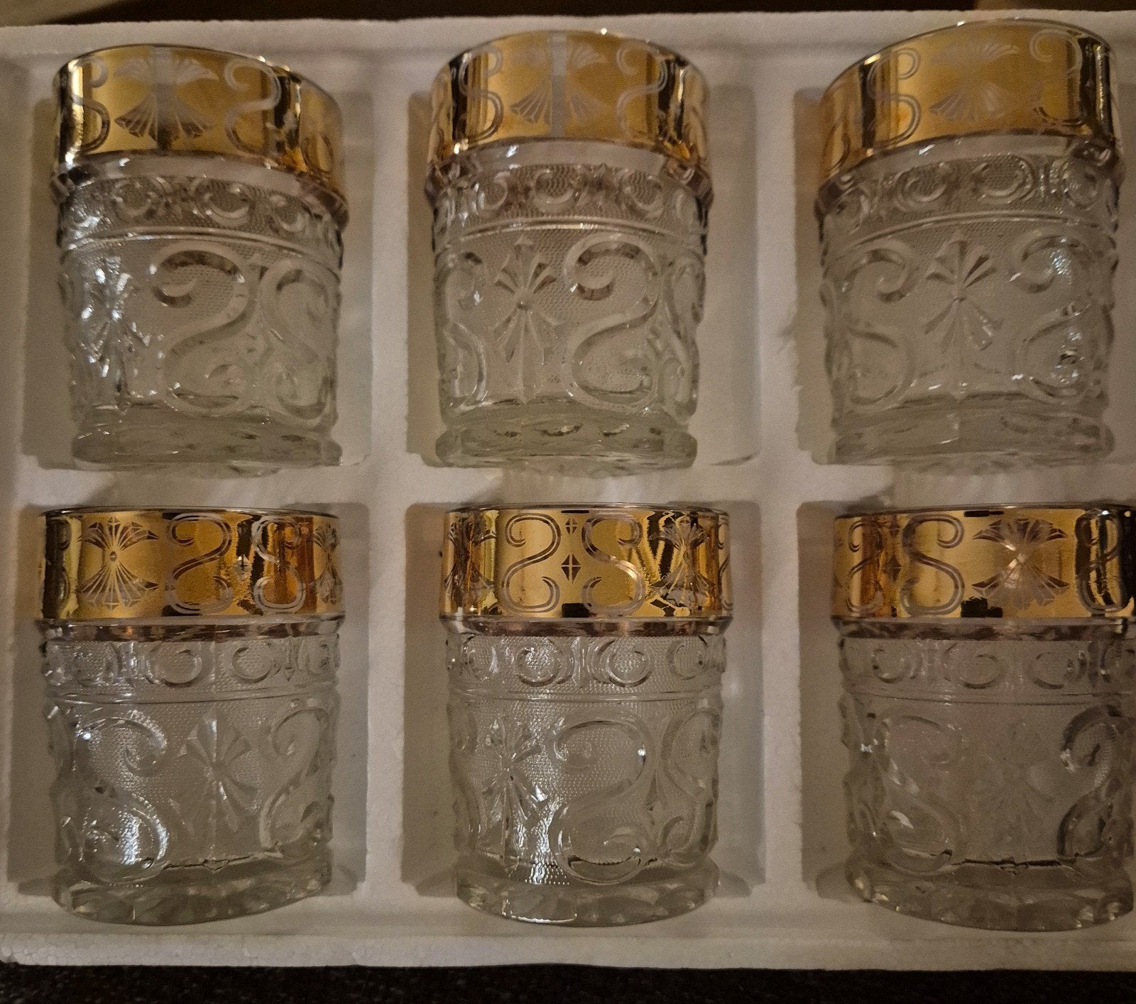 Prachtige set van 6 vintage whiskyglazen met gouden reliëf, Ophalen of Verzenden, Zo goed als nieuw, Overige typen
