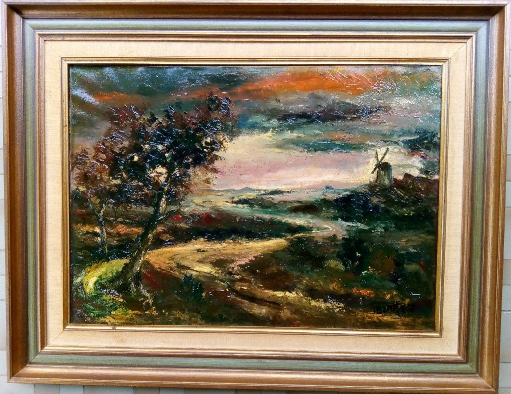 Schilderij Langs de molen van Theo Bogaert, Antiek en Kunst, Ophalen, Impressionistisch, Olieverf, Stads- / dorpsgezicht