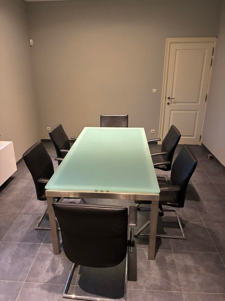 eetkamer tafel inox/ glas en stoelen leder /Chroom, Enlèvement, Comme neuf, Modern, 6 à 8 chaises