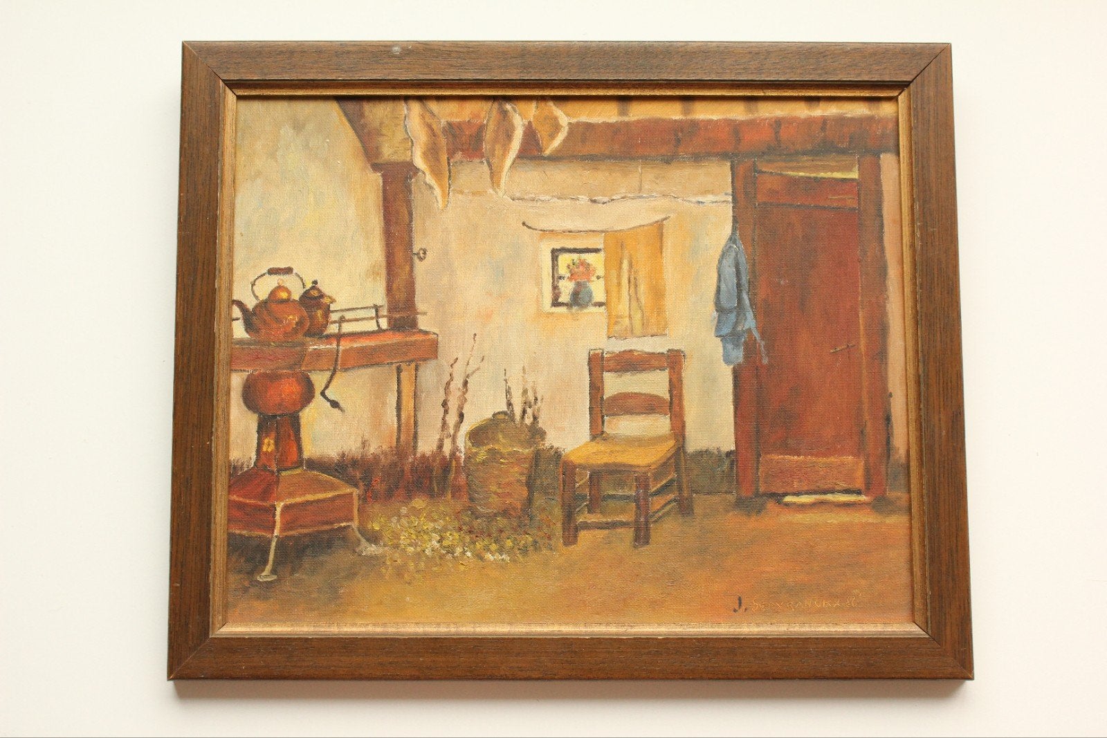 Peinture vintage — Intérieur rustique, signée et datée 1986, Autres sujets, Daté, Enlèvement, Toile