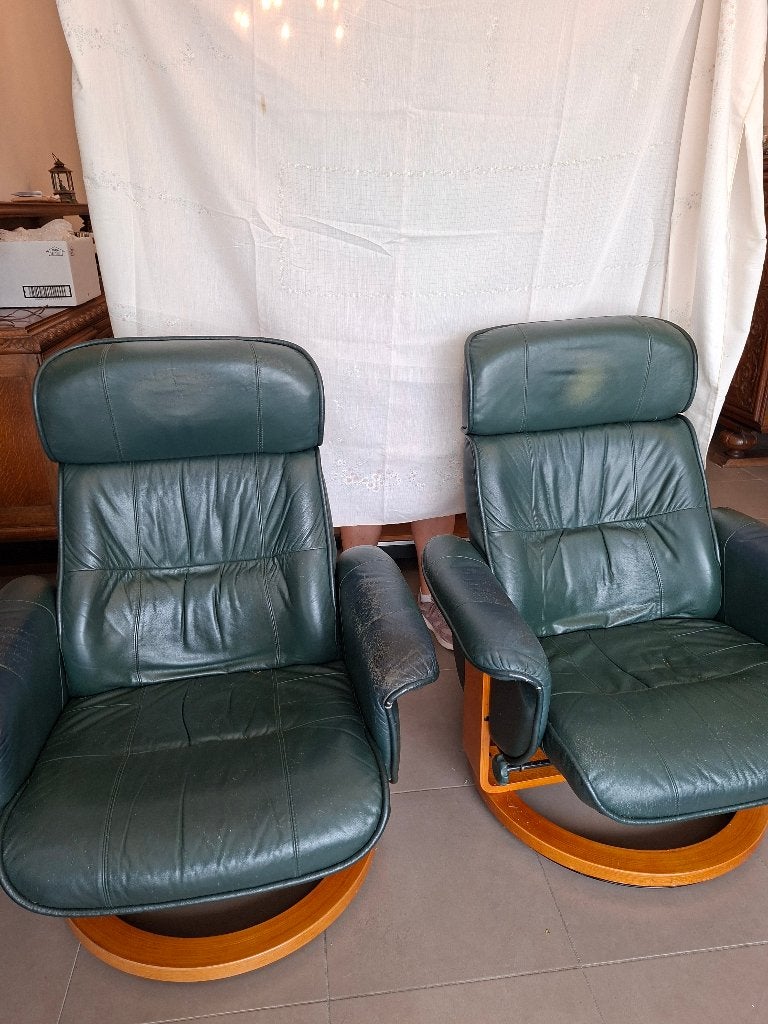 Twee relaxfauteuils met voetbanken dennegroen, Enlèvement, Utilisé, Rectangulaire, 75 à 100 cm