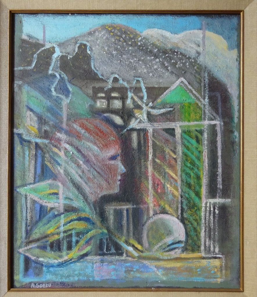 André Goezu, olie op doek, 55 x 46 cm, Le Voyage '87, Antiek en Kunst, Ophalen