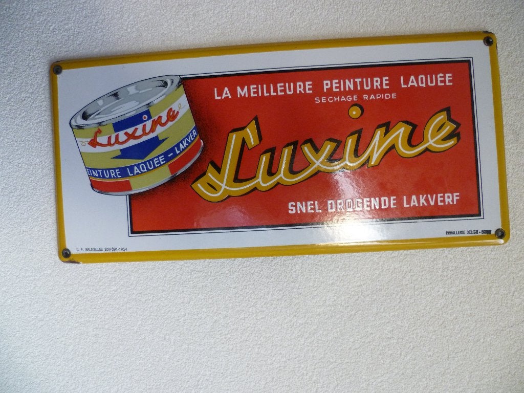 PLAQUE ÉMAILLE « PEINTURE LAQUÉE LUXINE » DE 1954, Collections, Enlèvement ou Envoi, Comme neuf, Panneau publicitaire