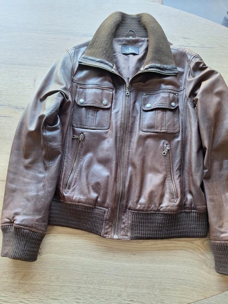 Lederen jas donker bruin maat M/50, Enlèvement ou Envoi, Taille 48/50 (M), Brun