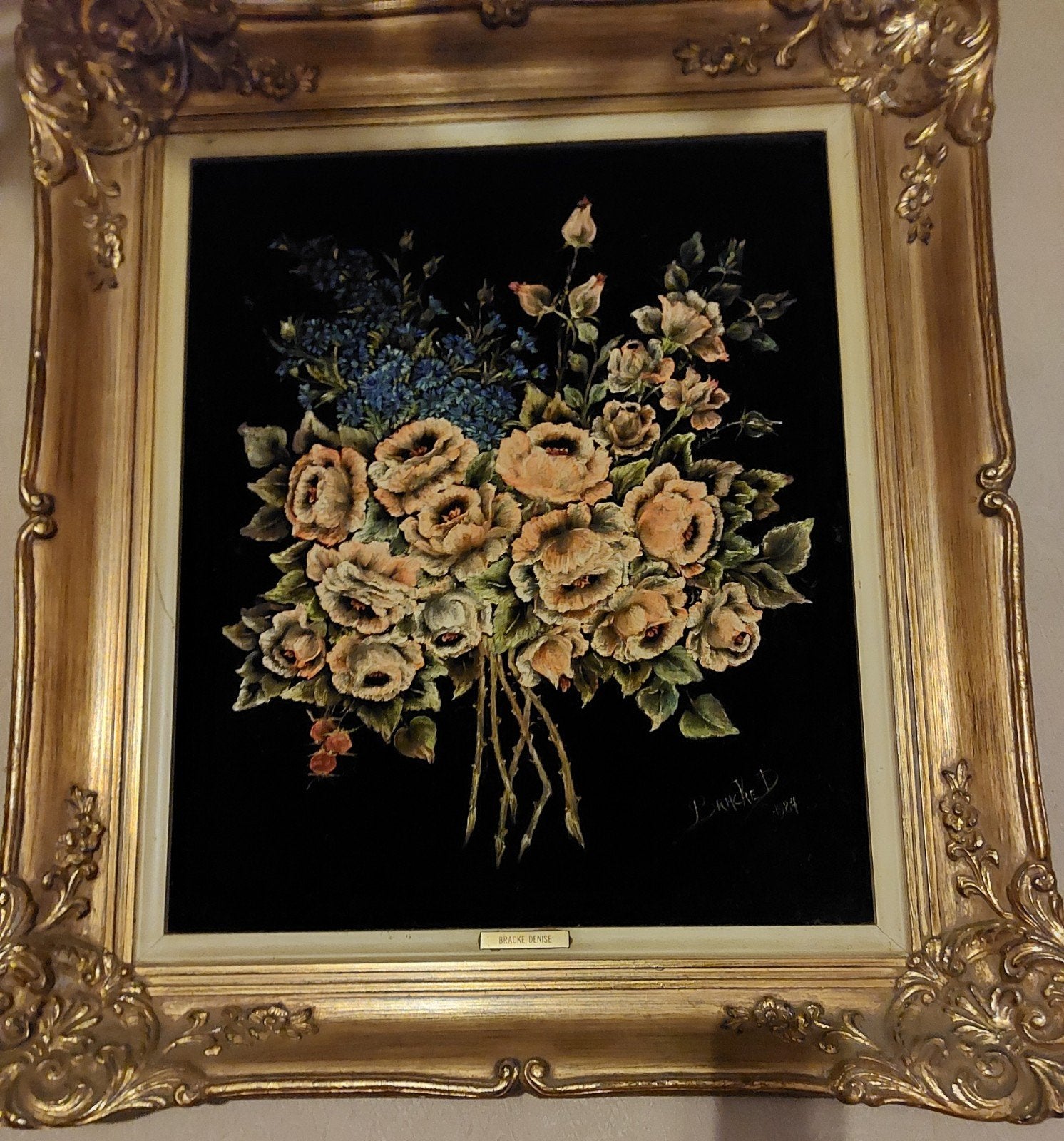 Schilderij op fluweel denise bracke. Jaren 80., Enlèvement