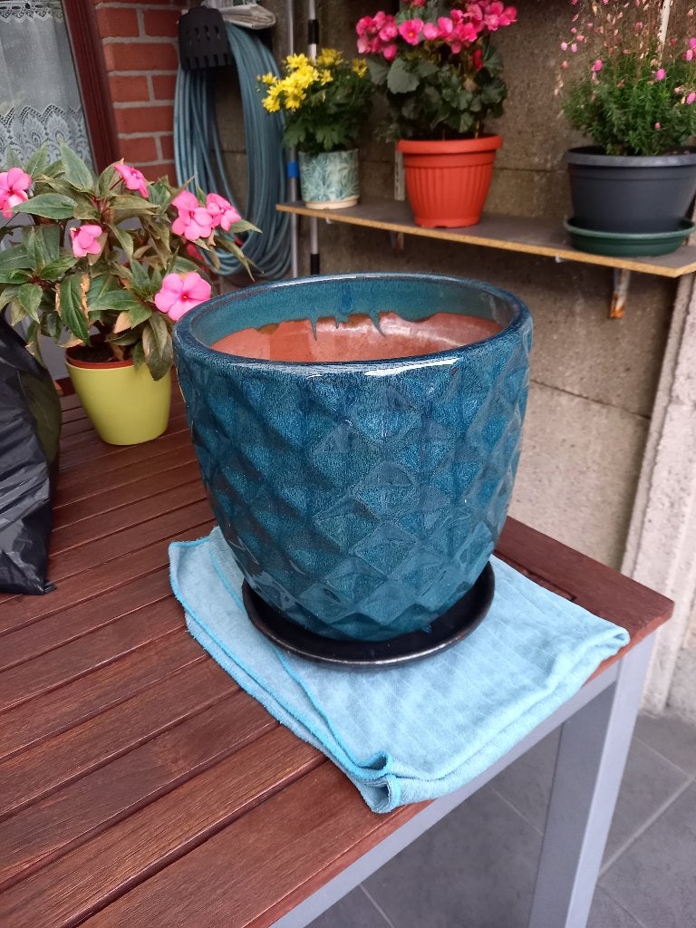 Bloempot in geglaceerde terracotta zo goed als nieuw, Tuin en Terras, Rond, Zo goed als nieuw, Minder dan 40 cm, Terracotta