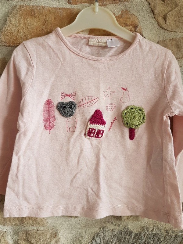 H&M - T-shirt rose, maison, arbre, plume - T.12 mois, Enlèvement ou Envoi, H&M, Utilisé, Chemisette ou Manches longues