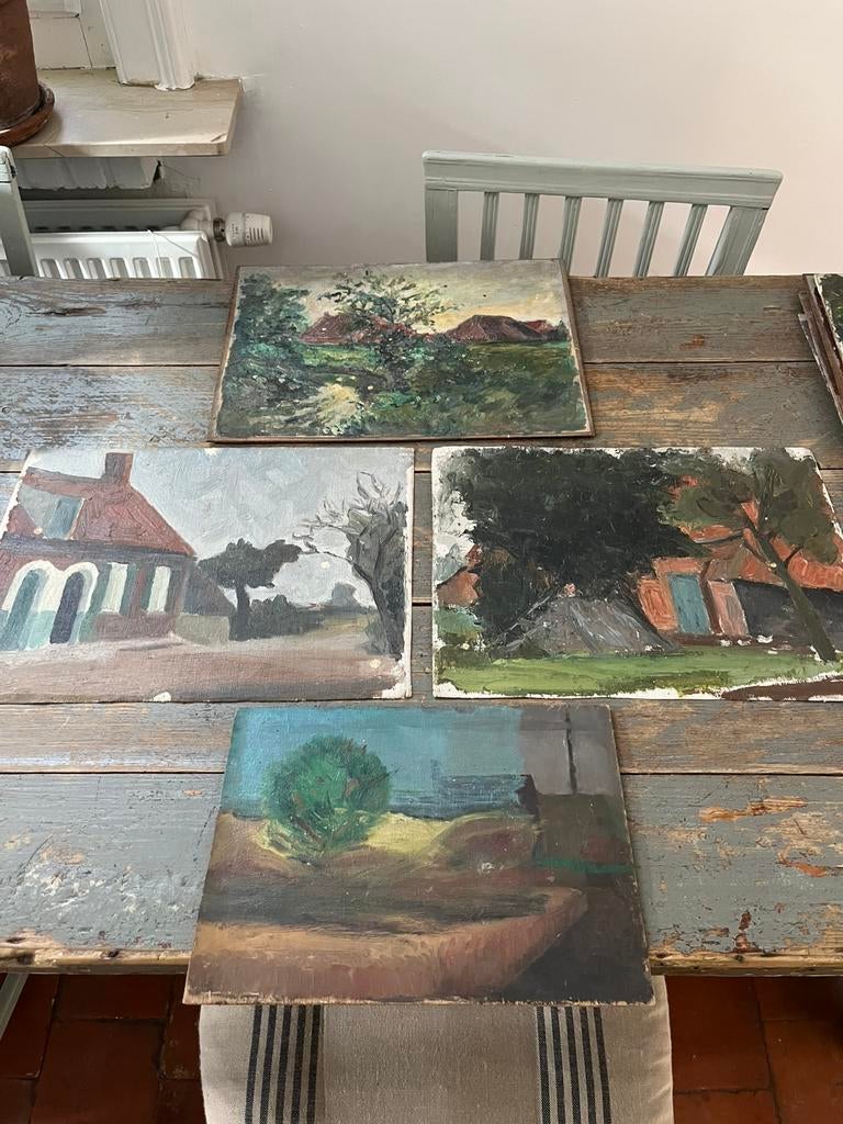 SCHILDERIJ 4 STUKS LANDELIJK LANDSCHAP OLIEVERF VLAAMS, Antiek en Kunst, Ophalen of Verzenden