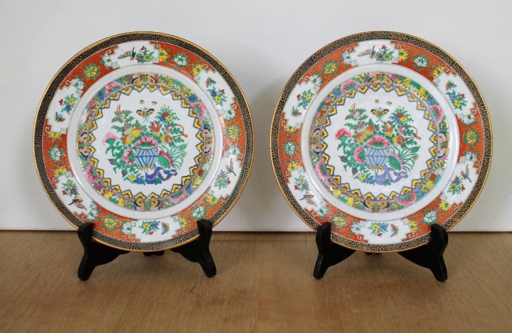 Chinese borden, set van 2 Famille Rose stijl, jaren 60 -70, Antiek en Kunst, Antiek | Keramiek en Aardewerk, Ophalen of Verzenden