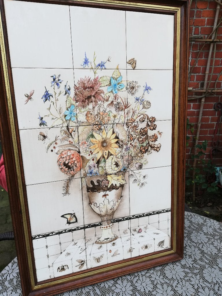 84,5x54 Prachtig tegeltableau in kader bloem vlinder insect, Ophalen, 85 cm, Zo goed als nieuw, 54 cm