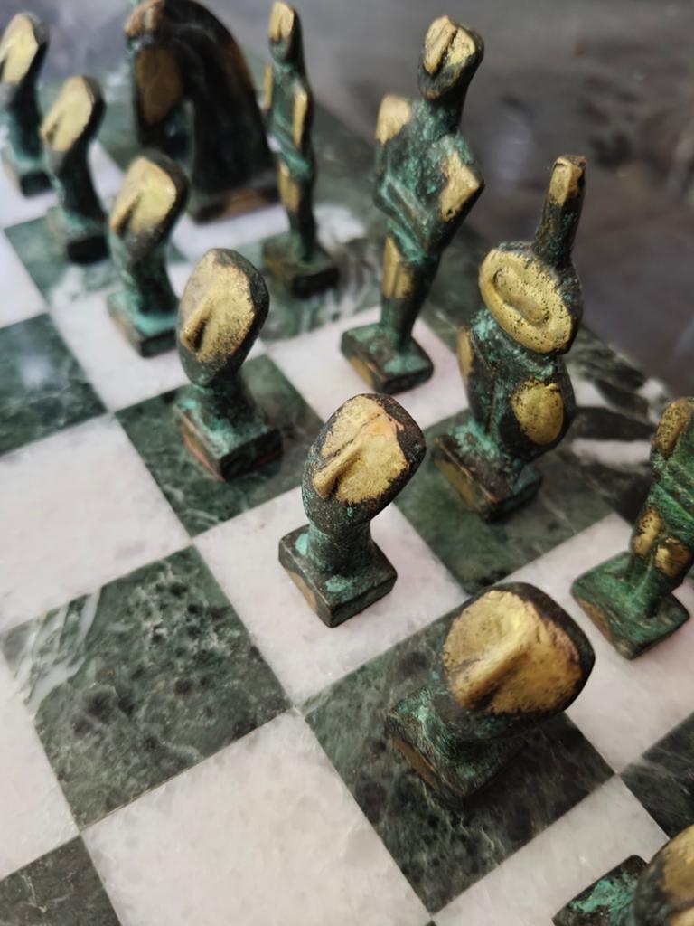 Vintage Grieks marmeren design schaakbord met bronzen sculpt, Een of twee spelers, Ophalen of Verzenden, Gebruikt