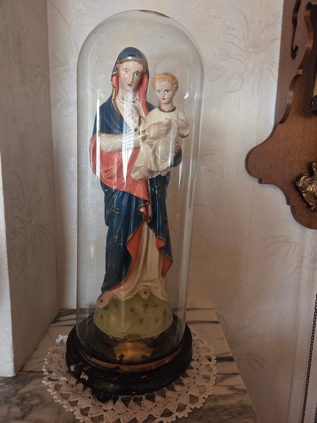 Stolp met Mariabeeld, Glas, Ophalen, Gebruikt, 22 cm