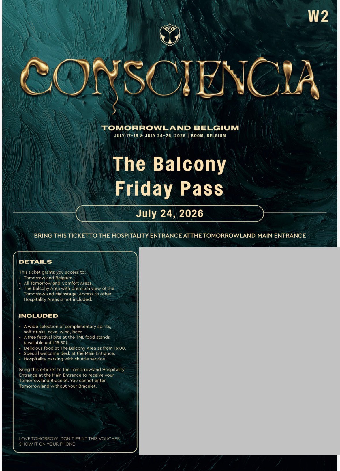 2 Tickets Tomorrowland VIP Balcony friday 24-07 +VIP Parking, Twee personen
