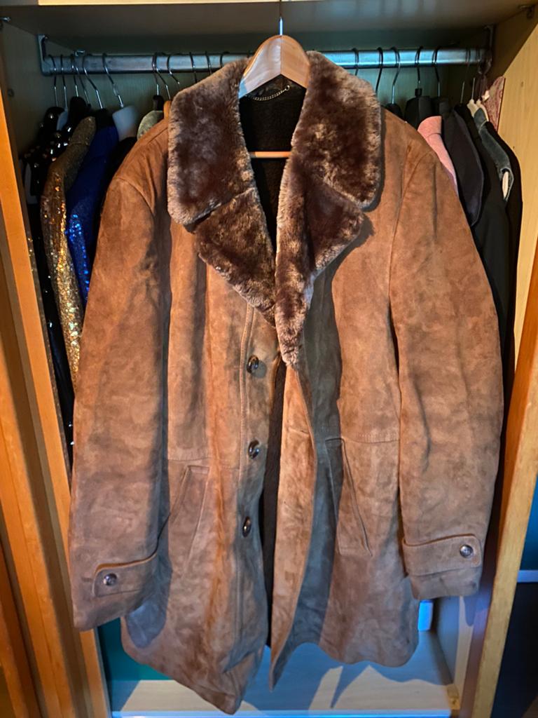Vintage winterjas echt leder daim met imitatie bond, Ophalen, Gedragen, Maat 56/58 (XL), Beige
