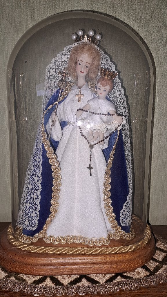 Mariabeeld met kindje Jezus onder stolp, Antiek en Kunst, Antiek | Religieuze voorwerpen, Ophalen