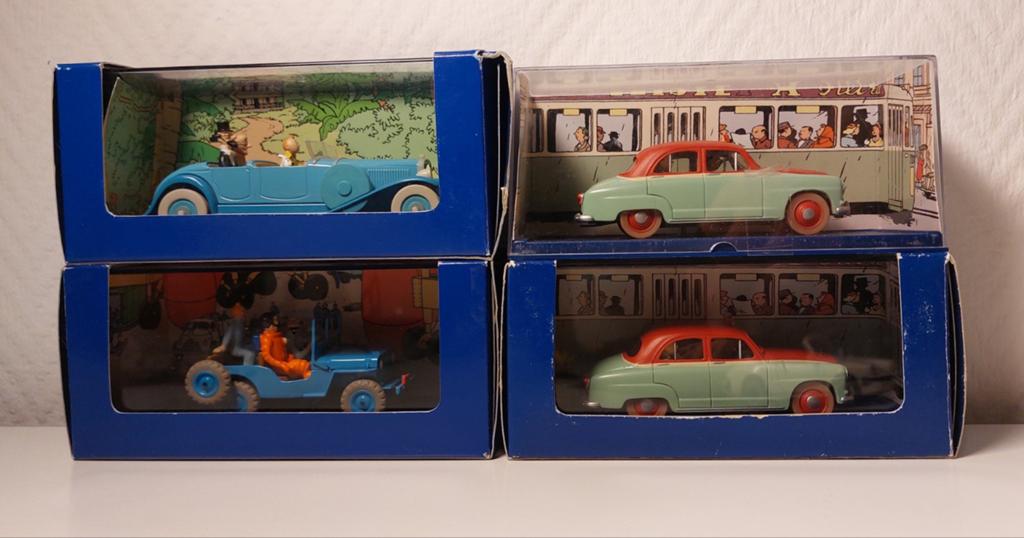 4 voitures Tintin Atlas n 1/43 n 01, 05 A et 2 x 021 A, Enlèvement ou Envoi, Tintin, Utilisé, Statue ou Figurine