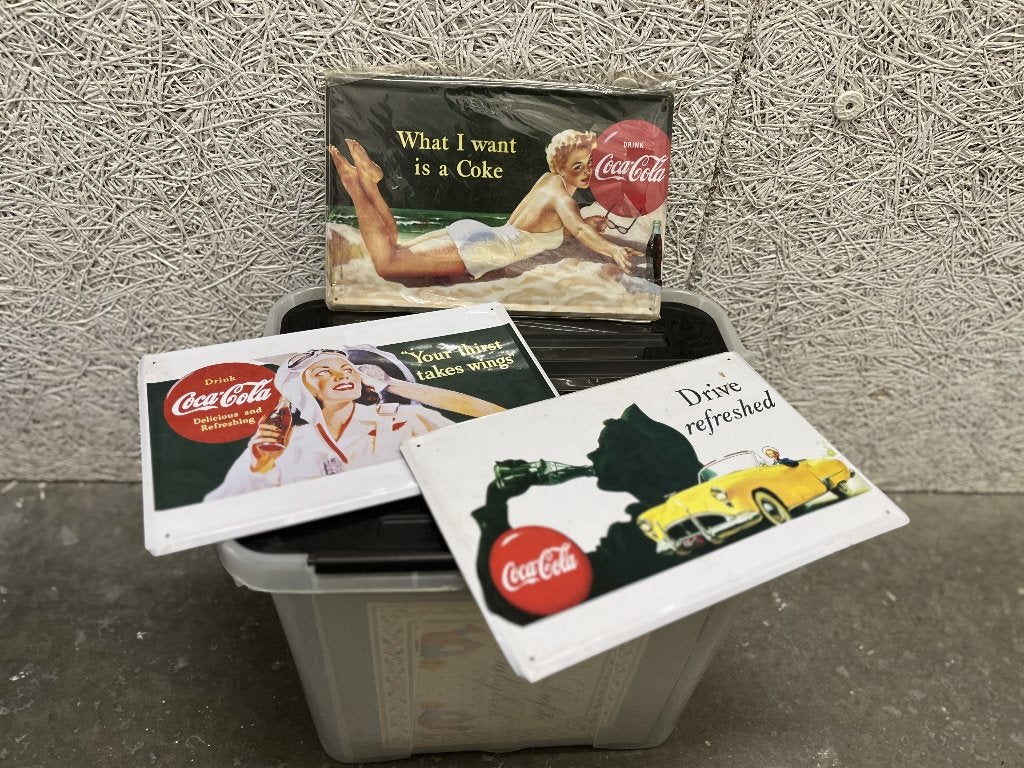 Set van 3 retro Coca-Cola metalen reclameborden, Verzamelen, Ophalen, Zo goed als nieuw, Reclamebord