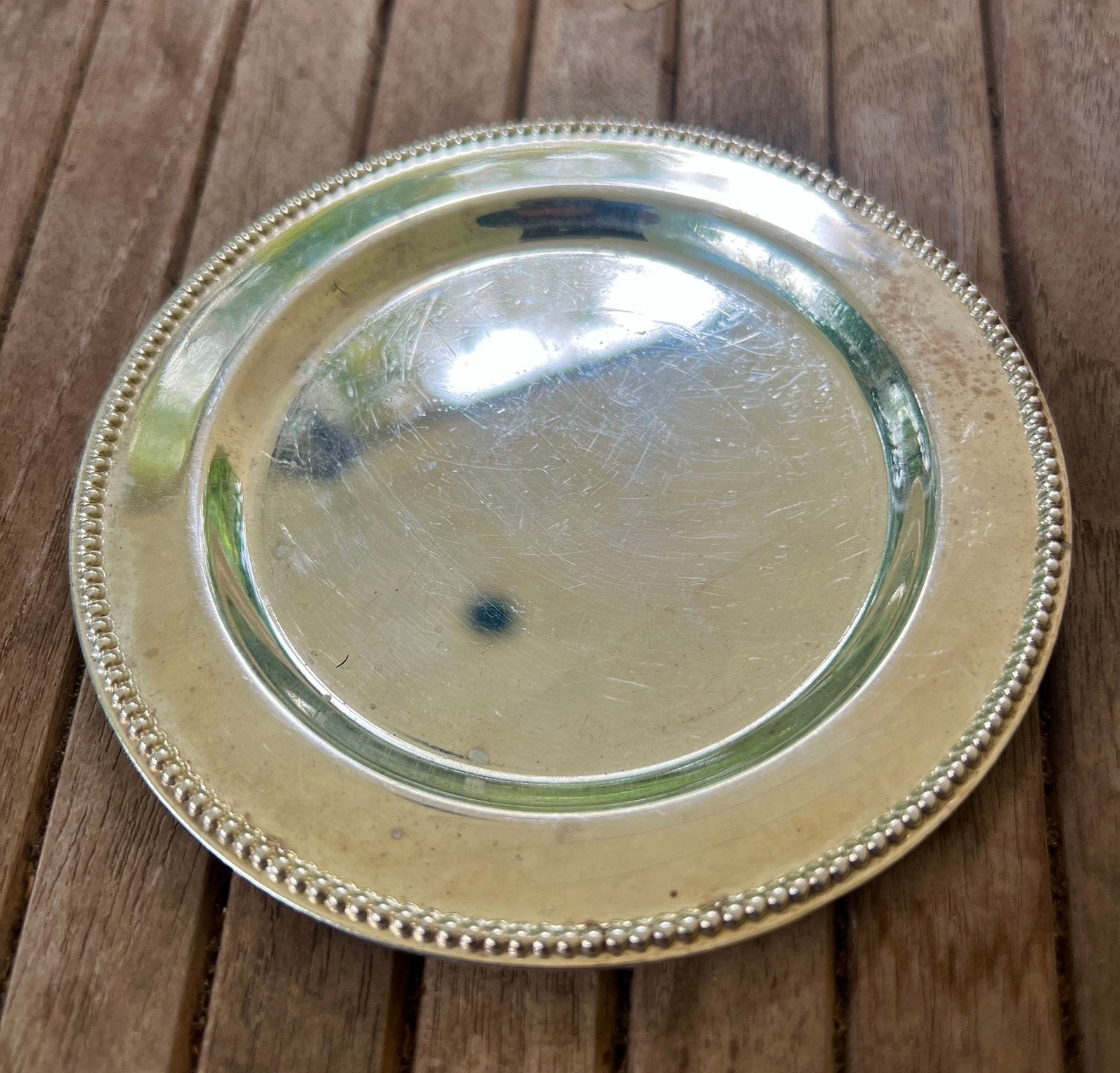 Vintage messing/verzilverd onderzetter met parelrand – Ø12cm, Argenté, Sous-verre, Enlèvement, Utilisé