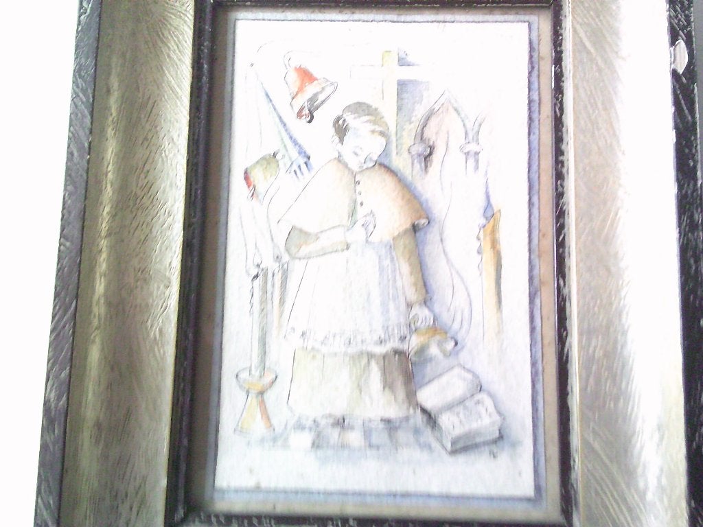 kleur tekening misdienaar diest 1953, Ophalen, Tekening, Potloodtekening, Achter glas