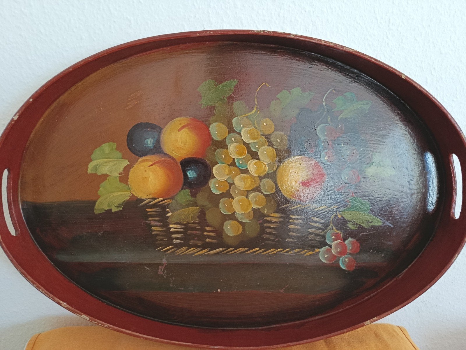 Beau plateau OVALE EN BOIS, 'Panier de fruits' 47x32, Antiquités & Art