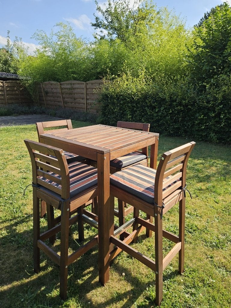 IKEA  bartafel met 4 barkrukken, Tuin en Terras, Ophalen, Gebruikt, Vierkant, Hout