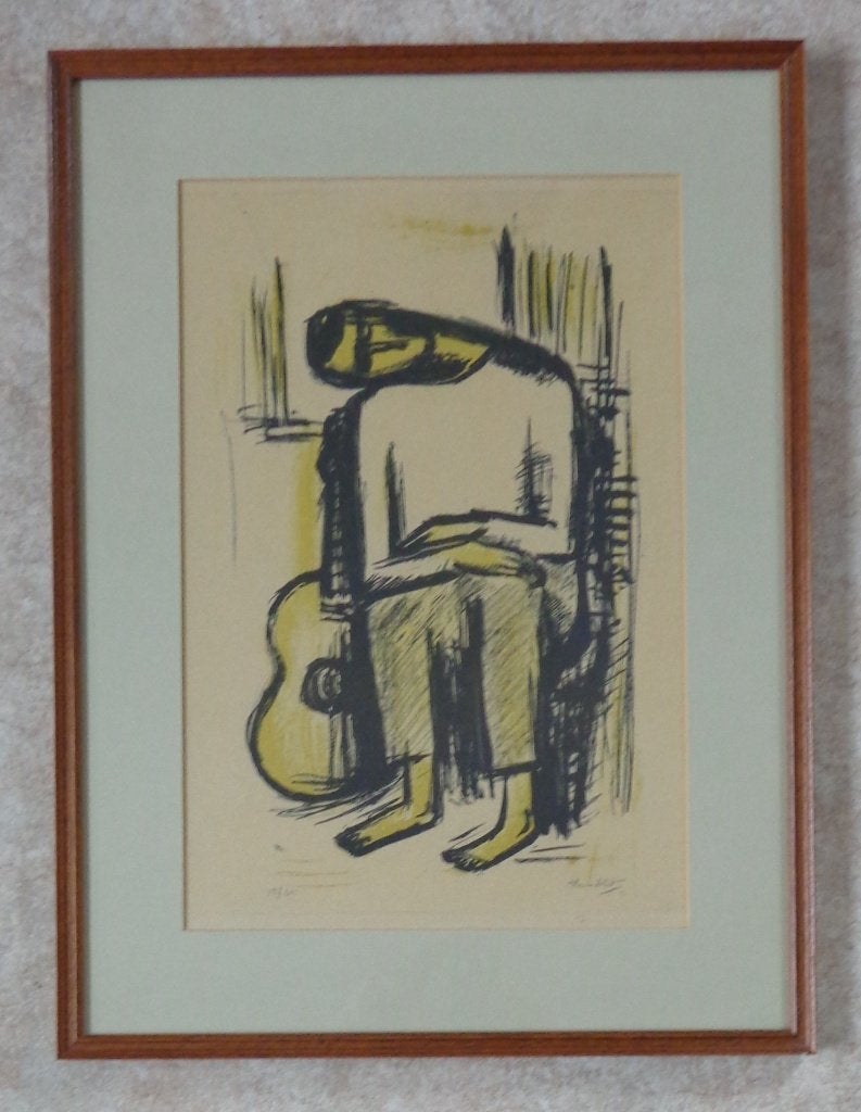 THEO HUMBLET / MUZIKANT / KLEURLITHO / 60x45cm / KADER / SIG, Gesigneerd, Ophalen of Verzenden