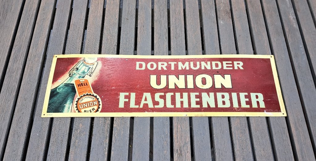 Ancienne publicité en étain de Dortmunder Union, Collections, Enlèvement ou Envoi, Utilisé, Panneau publicitaire