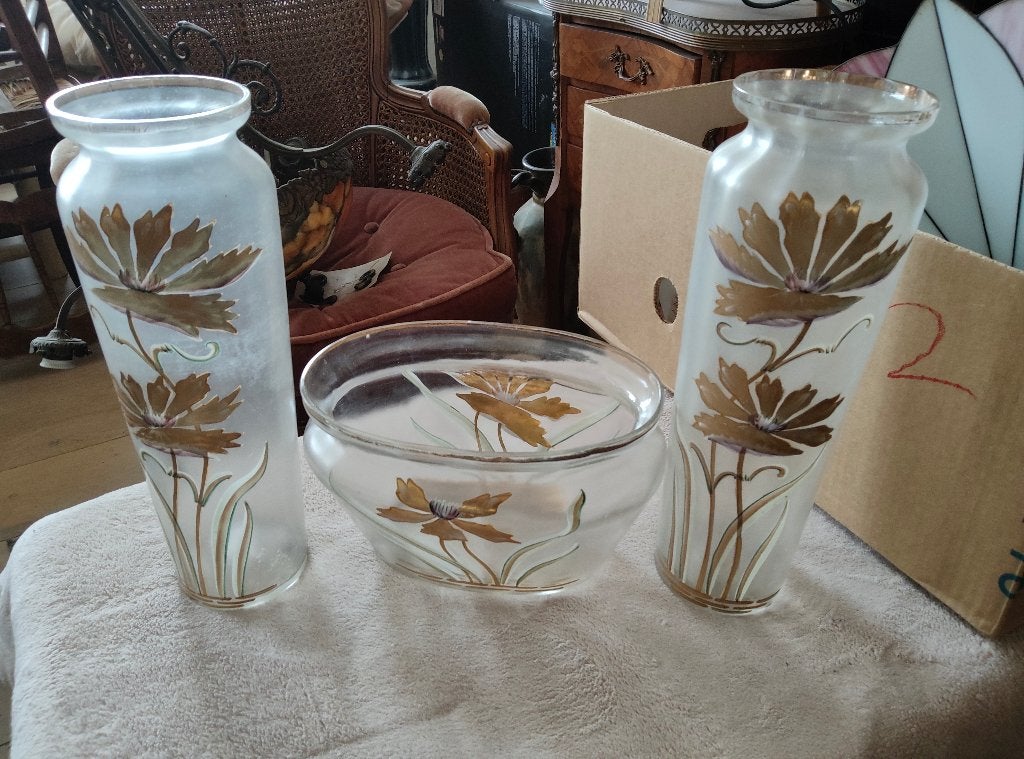 Lot de 3 vases coupe verre givré émaillé Art Nouveau, Enlèvement ou Envoi