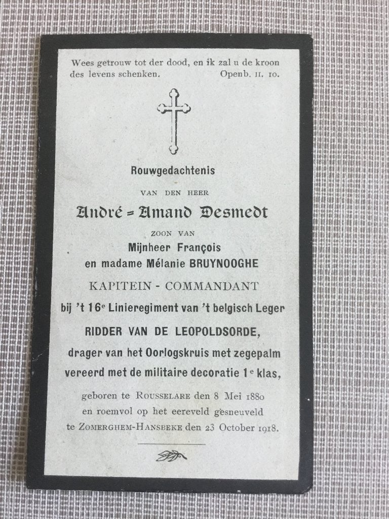 Soldaat A.Desmedt Roeselare gesneuveld Zomergem 1918 WOI, Verzamelen, Verzenden, Bidprentje