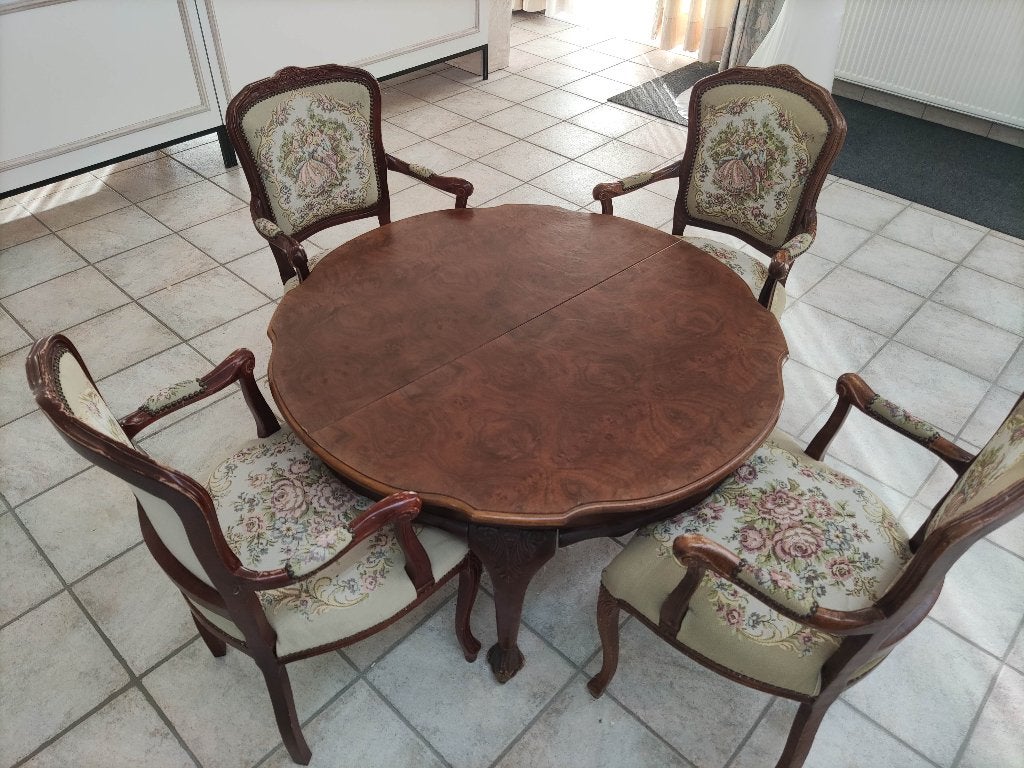 salontafel in wortelnoot + 4 gobelin fauteuils, 100 à 150 cm, Rond, 100 à 150 cm, Enlèvement