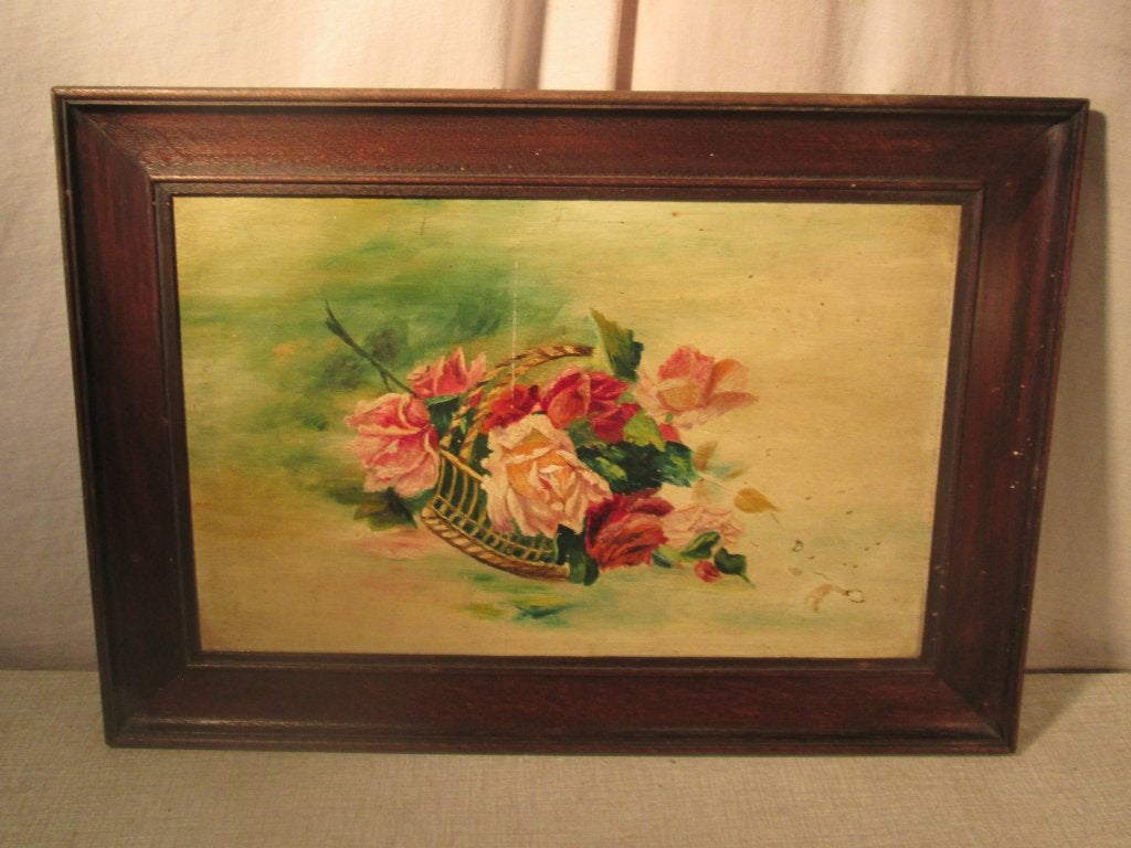 Mooi Oud Geschilderd Werk 'Korf met Bloemen' - 47x33, Antiquités & Art, Enlèvement ou Envoi, Peinture à l'huile, Panneau, Encadré
