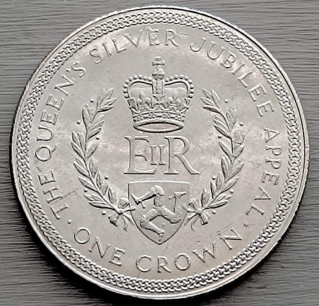 munt Isle of man 1 crown 1977 :  monogram EɪɪR/, Postzegels en Munten, Ophalen of Verzenden