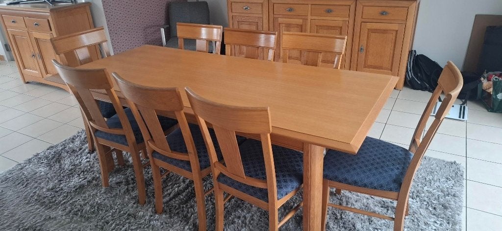 Massieve eiken tafel + 8 stoelen, Ophalen, Eikenhout, 200 cm of meer, 50 tot 100 cm