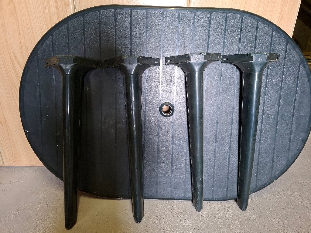 Tuintafel met stoelen en kussens, Tuin en Terras, Ophalen, Gebruikt, Ovaal, Kunststof