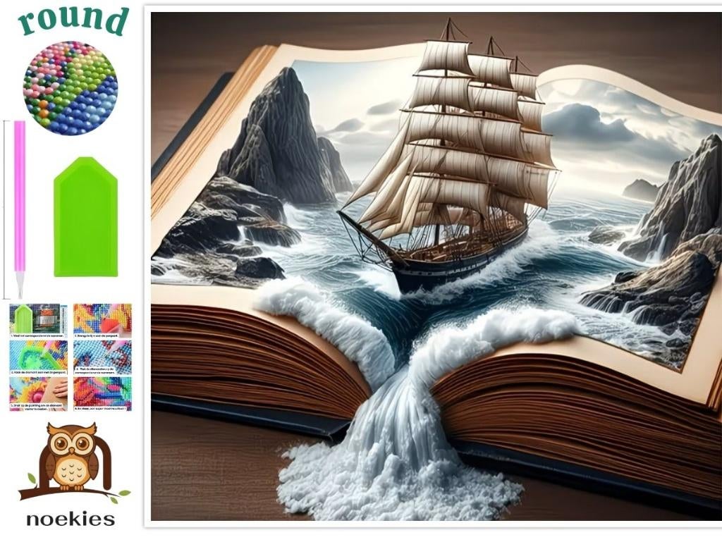 nr 266 Diamond Painting open boek schip 40x30cm (rond), Zee en Strand, Verzenden, Nieuw, Overige materialen