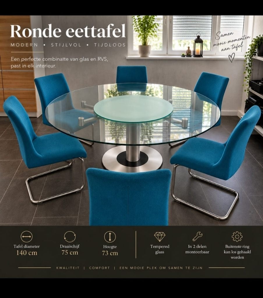 Ronde glazen eettafel met 6 stoelen, Ophalen, Gebruikt, Glas