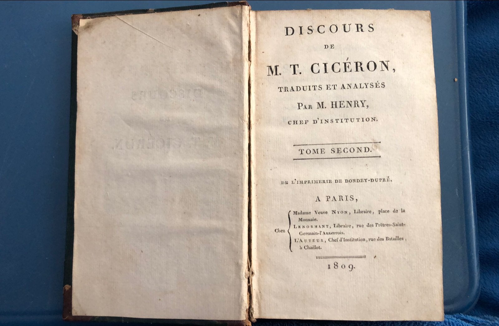 Discours de M.T.Ciceron M. Henry livre ancien 1809 Paris