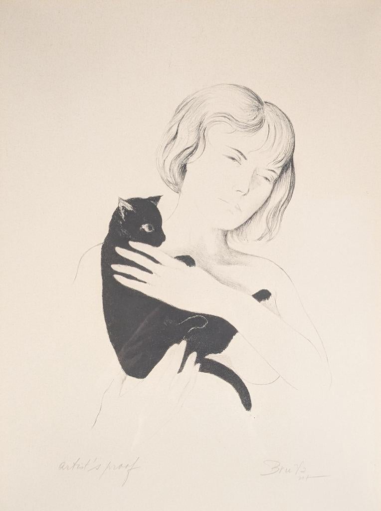 Paul Bruylant - lithographie E.A. - femme avec chat - cadre, Antiquités & Art, Art | Eaux-fortes & Gravures, Enlèvement ou Envoi