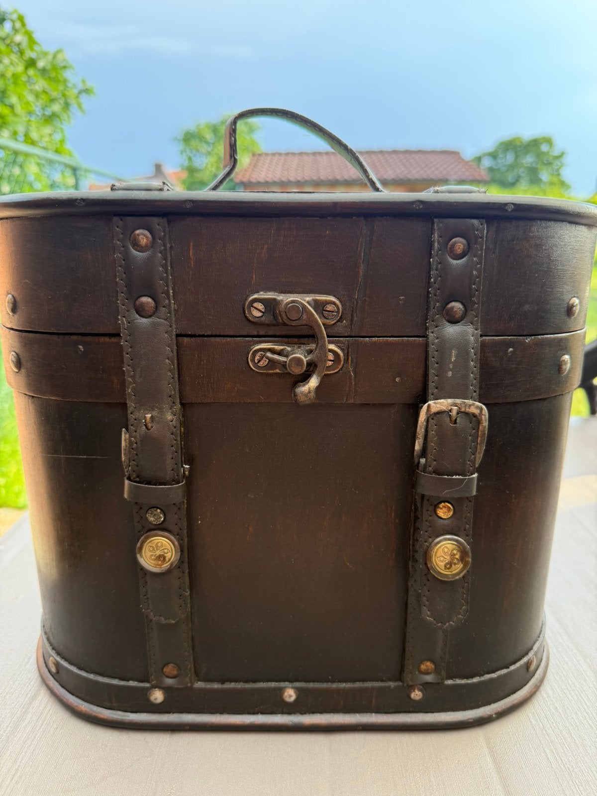 Magnifique étui en bois vintage avec sangles en cuir, Enlèvement, Comme neuf