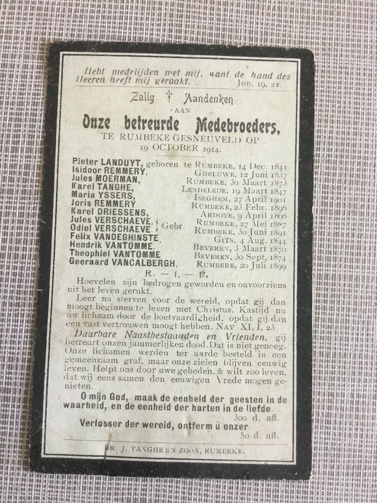 Soldaten van Rumbeke gesneuveld 1914 WOI, Verzamelen, Verzenden, Bidprentje