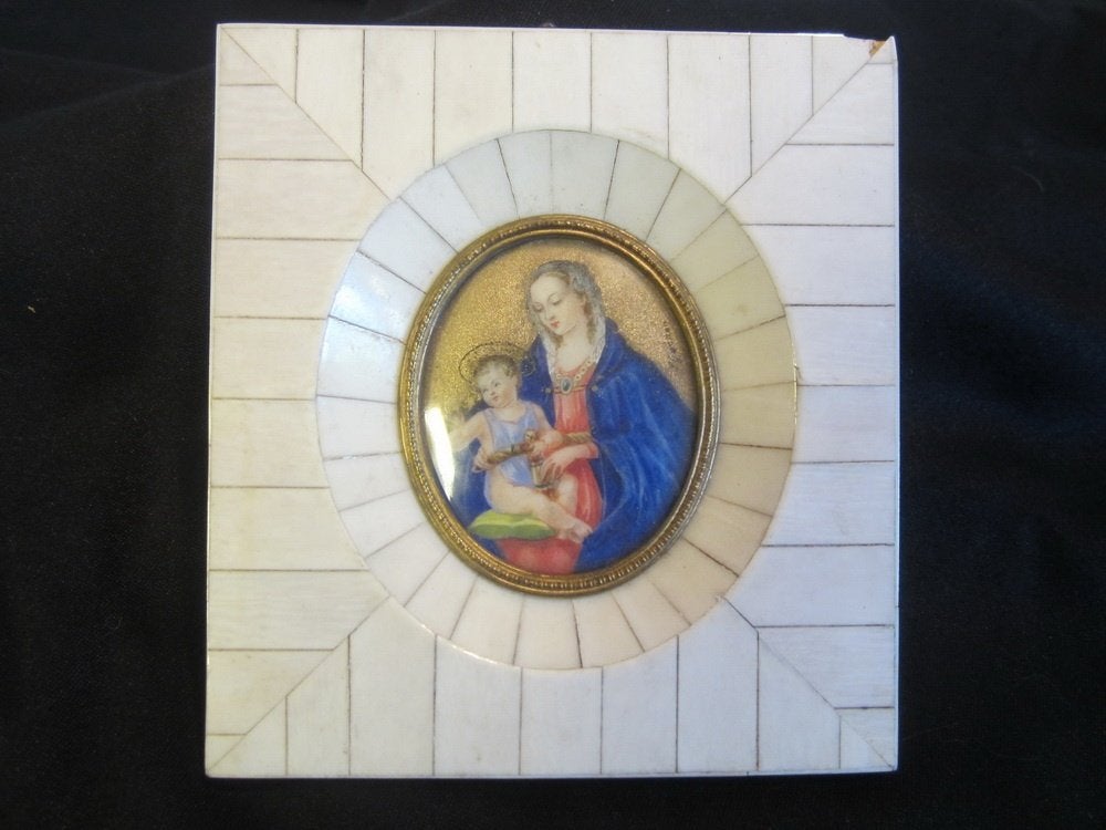 Portrait miniature ancien de Marie et de l'enfant Jésus, Antiquités & Art, Envoi