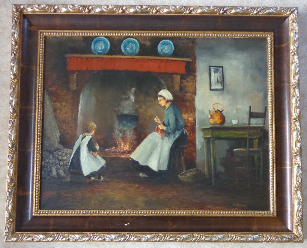 F. L. CORSIUS / INTERIEURSCENE / OLIEVERF / 93x113cm / KADER, Ophalen, Doek, Portret of Personen, Expressionistisch