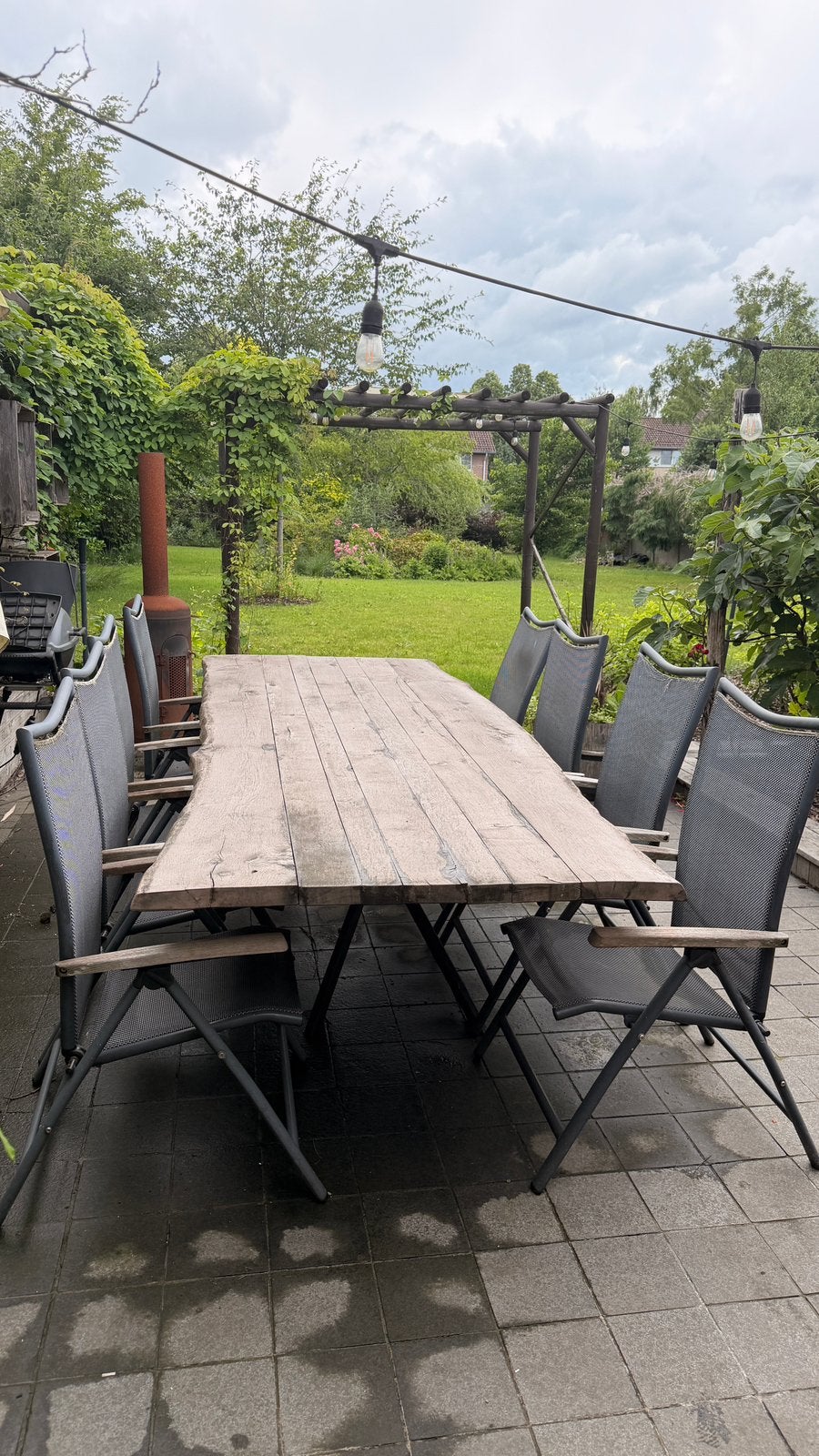 Eiken boomstamtafel + stoelen, Tuin en Terras, Ophalen, Overige materialen, Gebruikt, Eettafel