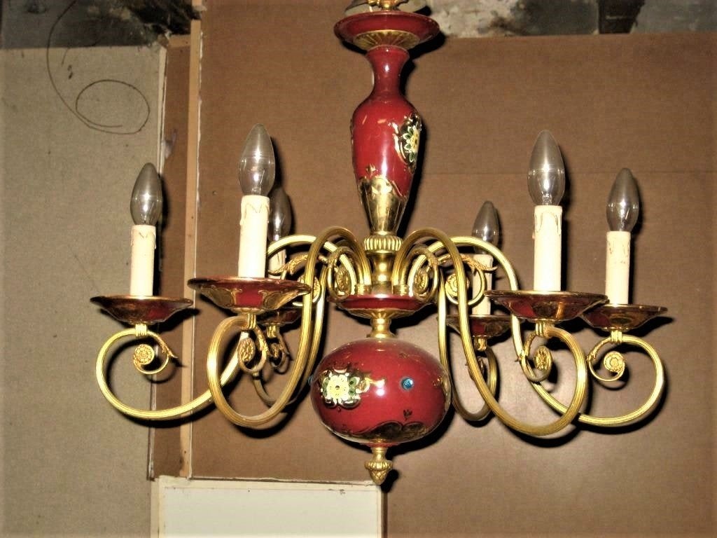Prachtige vintage luchter met 6 bronzen armen en sierstenen, Ophalen